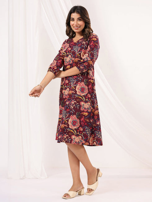 Janasya Women's Wine Pure Cotton Floral Peinted A-line Dress
